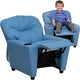 Light Blue Vinyl |#| Contemporary Light Blue Vinyl Kids Recliner with Cup Holder - Hardwood Frame