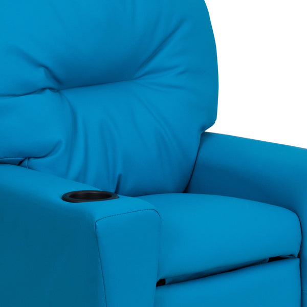 Turquoise Vinyl |#| Contemporary Turquoise Vinyl Kids Recliner with Cup Holder - Hardwood Frame