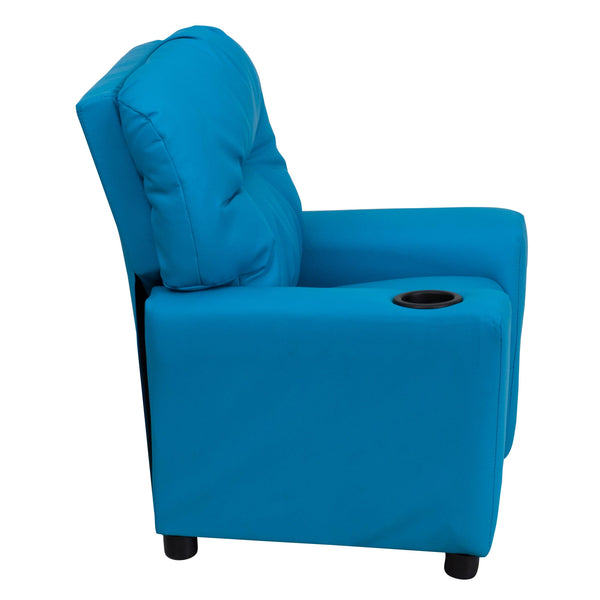 Turquoise Vinyl |#| Contemporary Turquoise Vinyl Kids Recliner with Cup Holder - Hardwood Frame