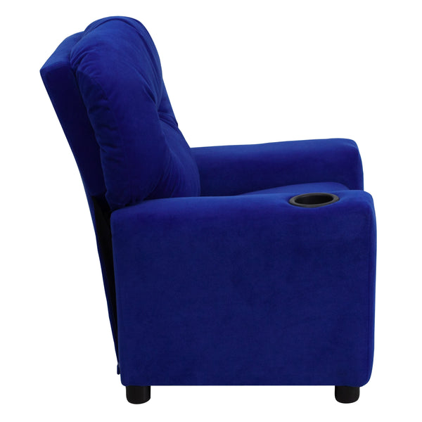 Blue Microfiber |#| Contemporary Blue Microfiber Kids Recliner with Cup Holder - Hardwood Frame