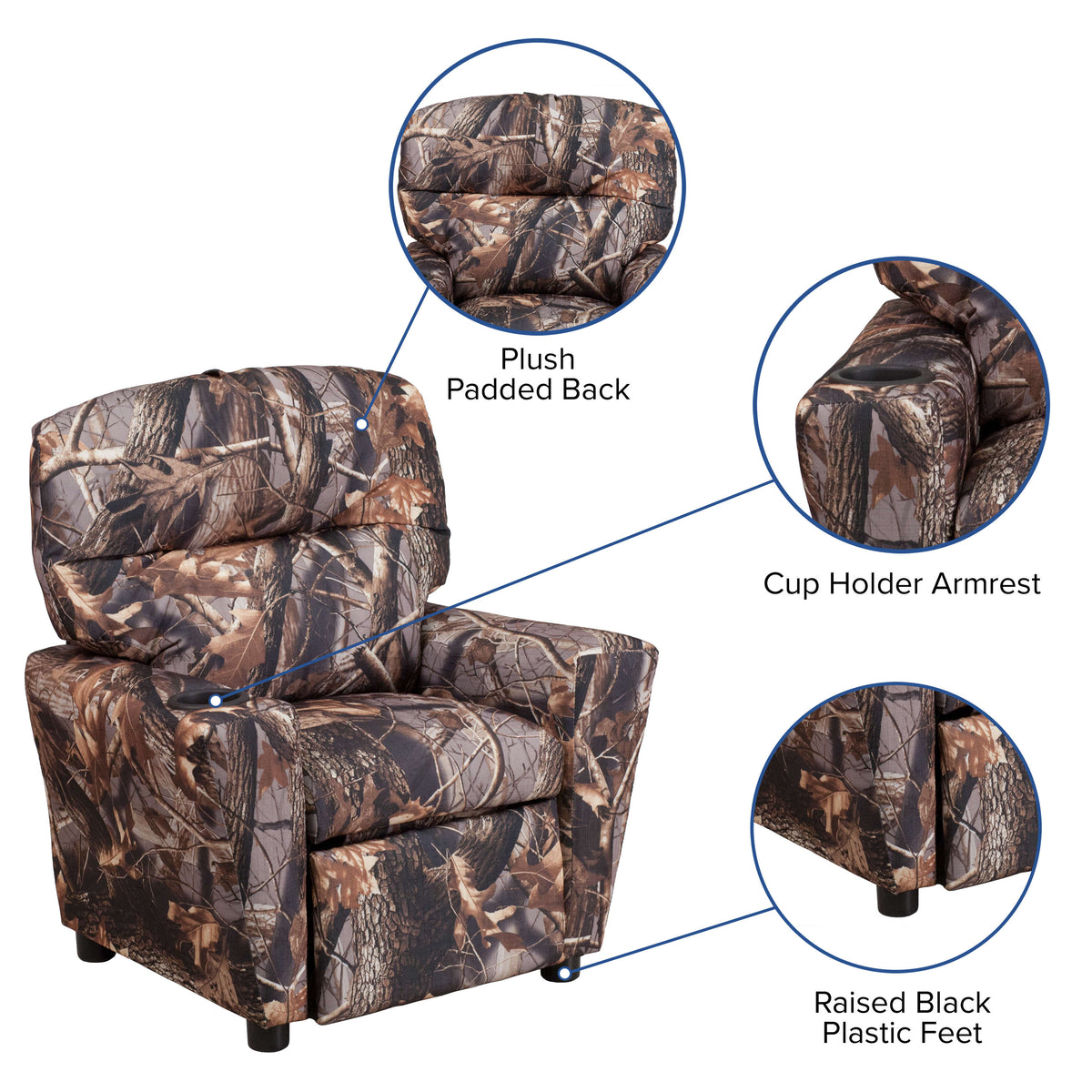 Camouflage Fabric |#| Contemporary Camouflaged Fabric Kids Recliner with Cup Holder - Hardwood Frame