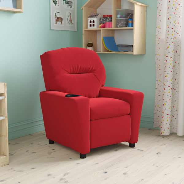 Red Microfiber |#| Contemporary Red Microfiber Kids Recliner with Cup Holder - Hardwood Frame