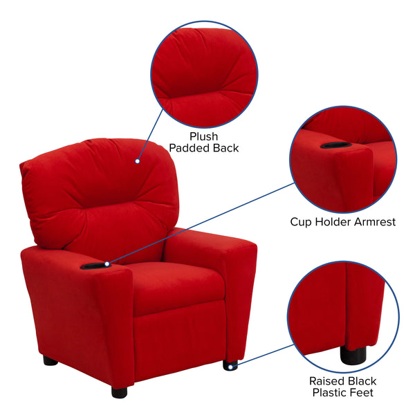 Red Microfiber |#| Contemporary Red Microfiber Kids Recliner with Cup Holder - Hardwood Frame