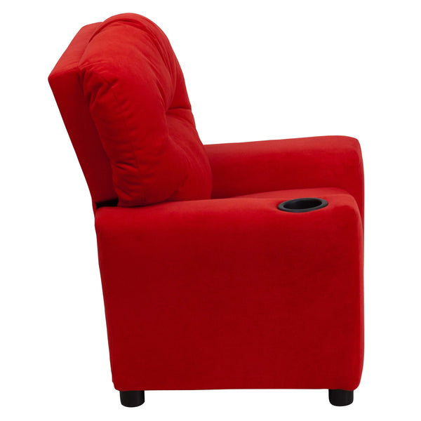 Red Microfiber |#| Contemporary Red Microfiber Kids Recliner with Cup Holder - Hardwood Frame