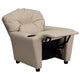 Beige Vinyl |#| Contemporary Beige Vinyl Kids Recliner with Cup Holder - Hardwood Frame