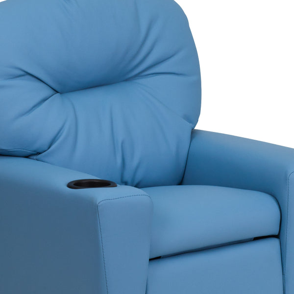 Light Blue Vinyl |#| Contemporary Light Blue Vinyl Kids Recliner with Cup Holder - Hardwood Frame