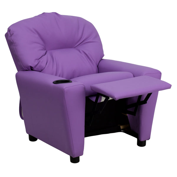 Lavender Vinyl |#| Contemporary Lavender Vinyl Kids Recliner with Cup Holder - Hardwood Frame