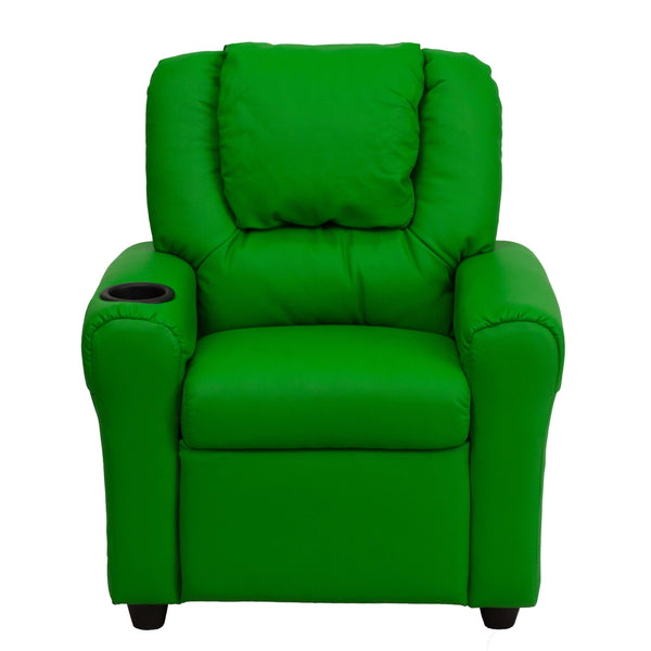 Green Vinyl |#| Contemporary Green Vinyl Kids Recliner with Cup Holder and Headrest