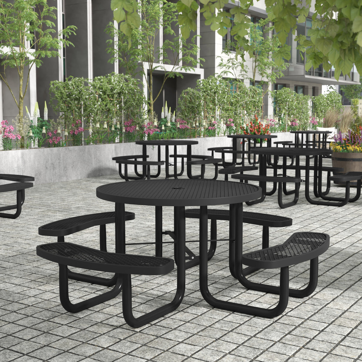 Black |#| Commercial Grade 46 Inch Round Expanded Mesh Metal Outdoor Picnic Table - Black