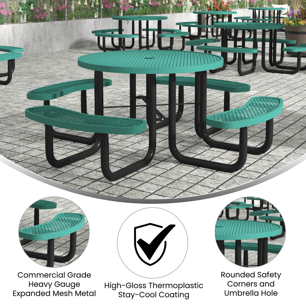 Green |#| Commercial Grade 46 Inch Round Expanded Mesh Metal Outdoor Picnic Table - Green