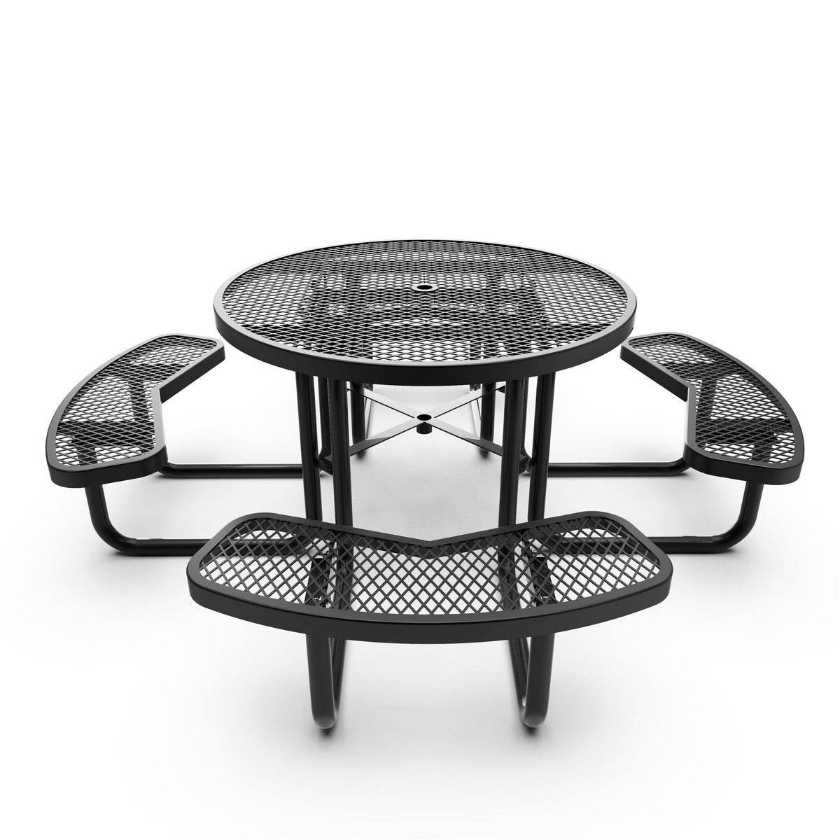 Black |#| Commercial 46 Inch Round Expanded Mesh Metal Picnic Table with Anchors - Black