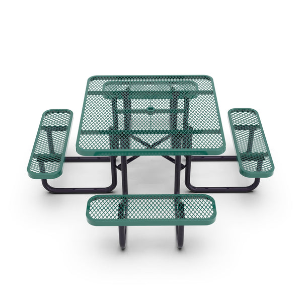 Green |#| Commercial 46 Inch Square Expanded Mesh Metal Picnic Table with Anchors - Green