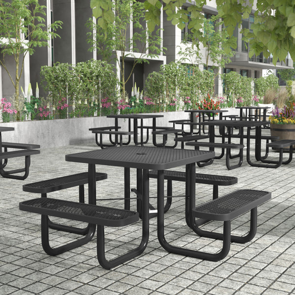 Black |#| Commercial 46 Inch Square Expanded Mesh Metal Picnic Table with Anchors - Black