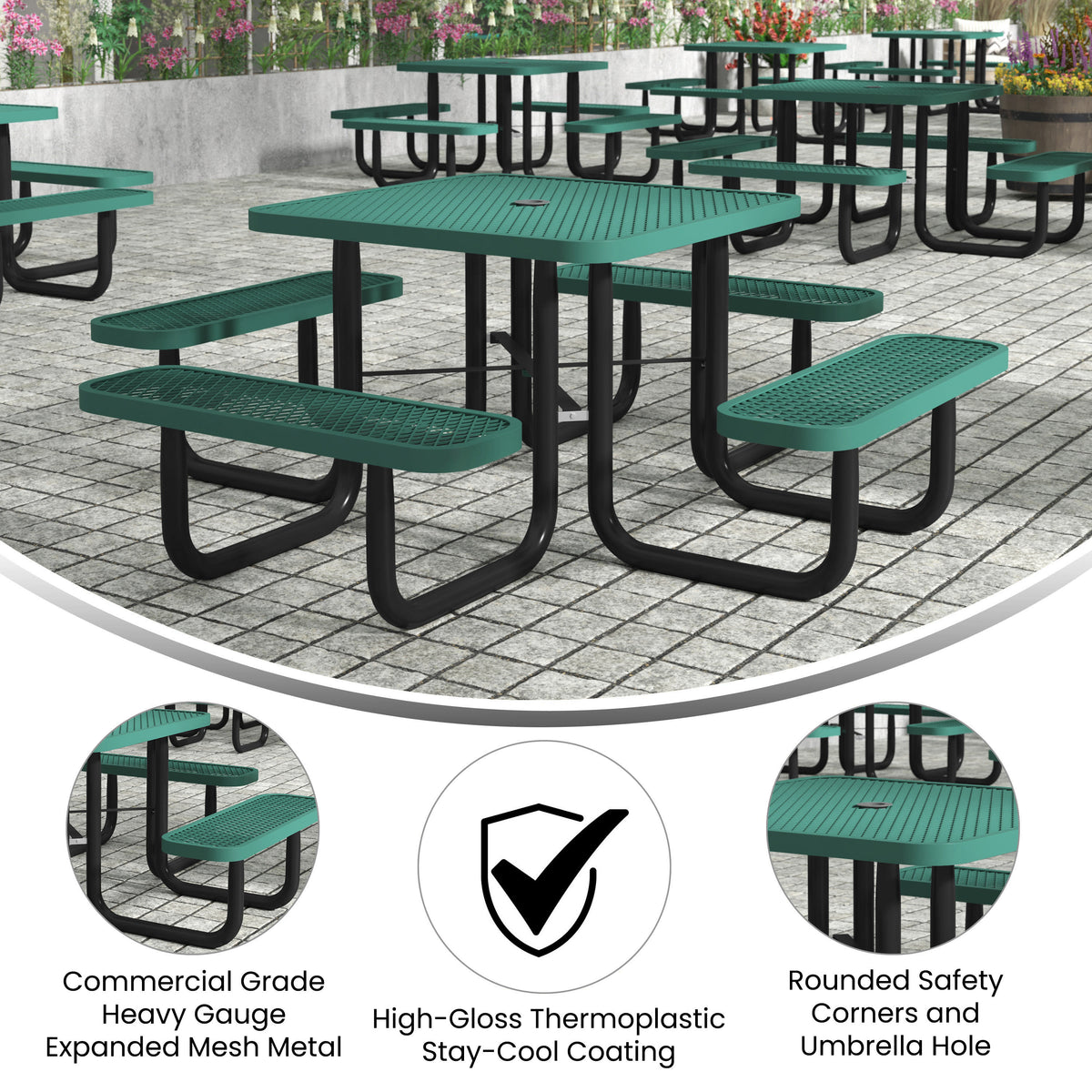 Green |#| Commercial 46 Inch Square Expanded Mesh Metal Picnic Table with Anchors - Green