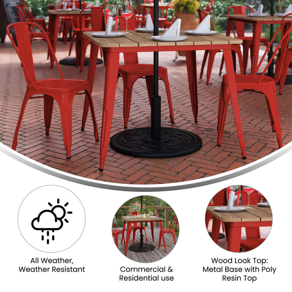 Brown/Red |#| 36inch SQ Commercial Poly Resin Restaurant Table with Umbrella Hole - Brown/Red
