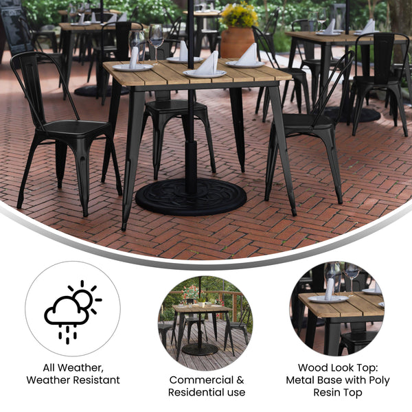36 inch patio table with umbrella Flash Furniture Declan Commercial Indoor & Outdoor Dining Table with Umbrella Hole 36 in. Square All Weather Black Poly Resin Top & Black Steel Base