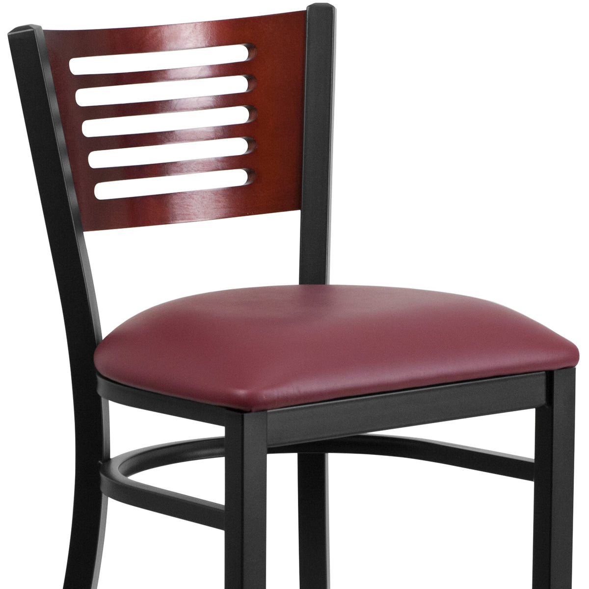 Mahogany Wood Back/Burgundy Vinyl Seat/Black Metal Frame |#| Black Slat Back Metal Restaurant Barstool - Mahogany Wood Back, Burg Vinyl Seat