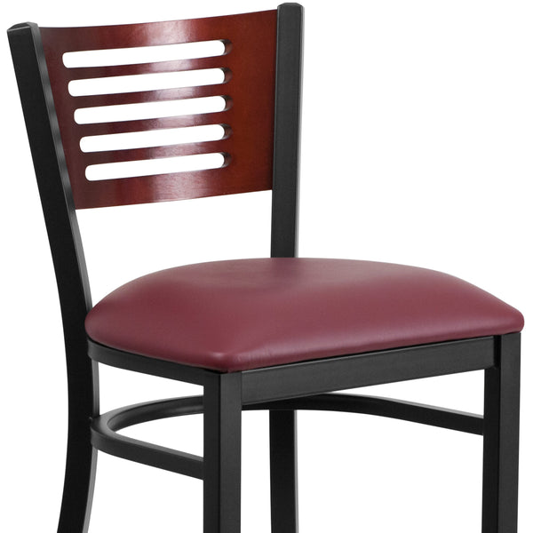 Mahogany Wood Back/Burgundy Vinyl Seat/Black Metal Frame |#| Black Slat Back Metal Restaurant Barstool - Mahogany Wood Back, Burg Vinyl Seat