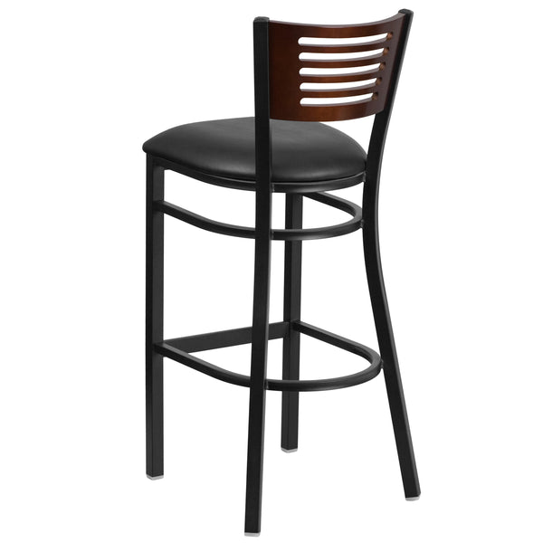 Walnut Wood Back/Black Vinyl Seat/Black Metal Frame |#| Black Slat Back Metal Restaurant Barstool - Walnut Wood Back, Black Vinyl Seat