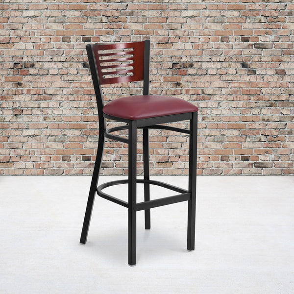 Mahogany Wood Back/Burgundy Vinyl Seat/Black Metal Frame |#| Black Slat Back Metal Restaurant Barstool - Mahogany Wood Back, Burg Vinyl Seat