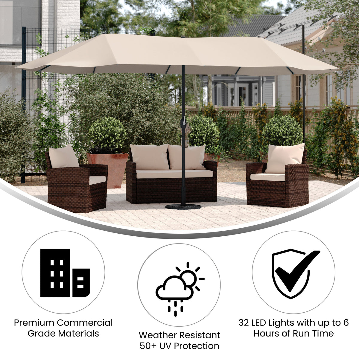 Tan |#| Tan Commercial 15 FT Triple Head Patio Umbrella with Crank and Tilt Functions