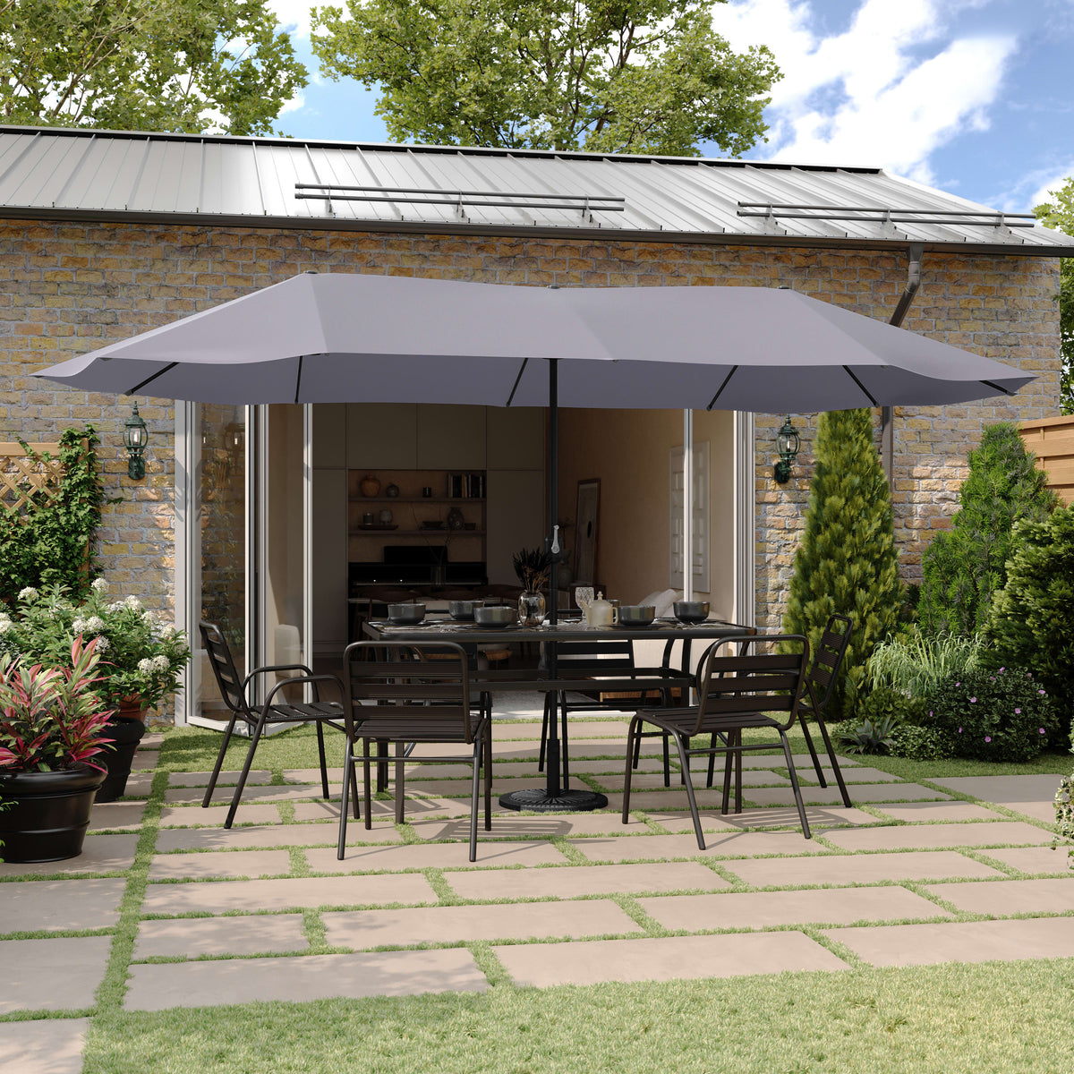 Gray |#| Gray Commercial 15 FT Triple Head Patio Umbrella with Crank and Tilt Functions