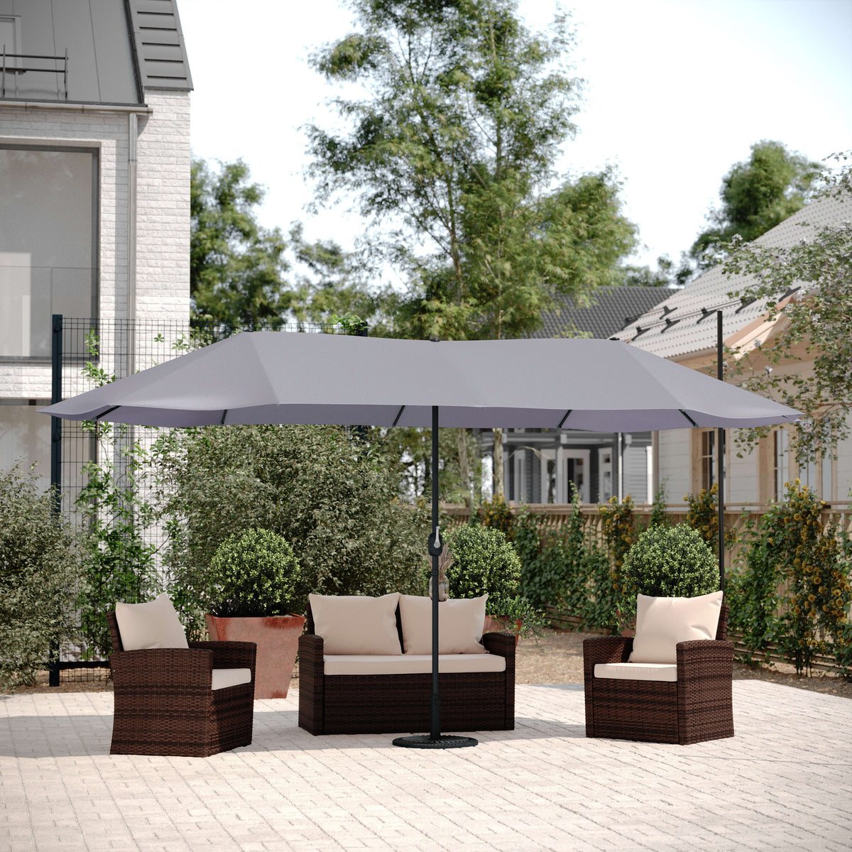 Gray |#| Gray Commercial 15 FT Triple Head Patio Umbrella with Crank and Tilt Functions