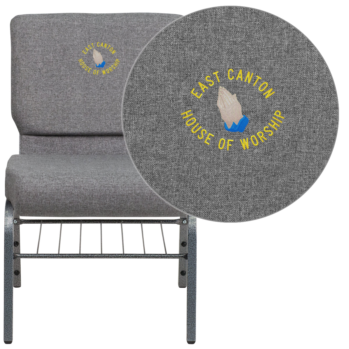 Gray Fabric/Silver Vein Frame |#| Embroidered 21inchW Church Chair in Gray Fabric with Book Rack - Silver Vein Frame