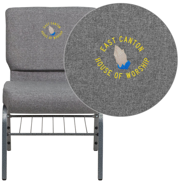 Gray Fabric/Silver Vein Frame |#| Embroidered 21inchW Church Chair in Gray Fabric with Book Rack - Silver Vein Frame