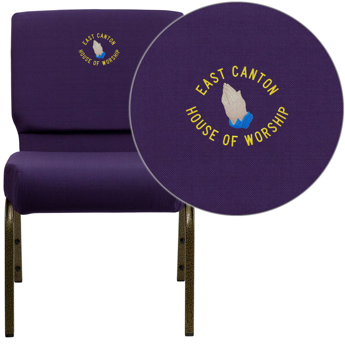 Royal Purple Fabric/Gold Vein Frame |#| Embroidered 21inchW Stacking Church Chair in Royal Purple Fabric - Gold Vein Frame