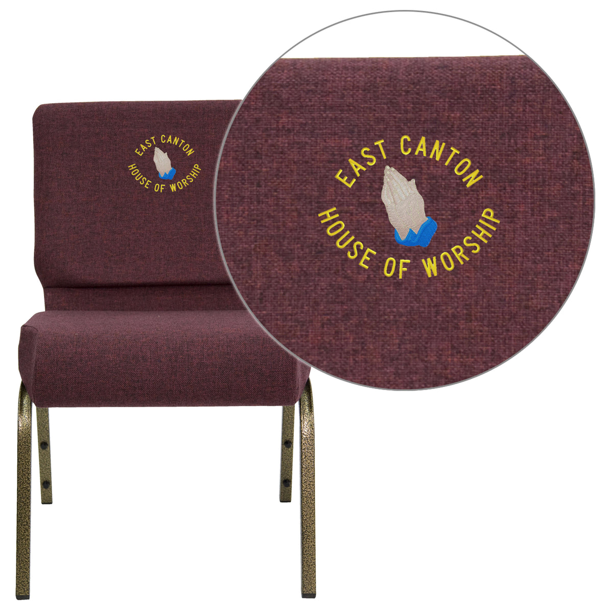 Plum Fabric/Gold Vein Frame |#| Embroidered 21inchW Stacking Church Chair in Plum Fabric - Gold Vein Frame