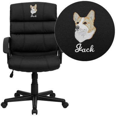 Embroidered Mid-Back LeatherSoft Swivel Task Office Chair with Accent Divided Back and Arms