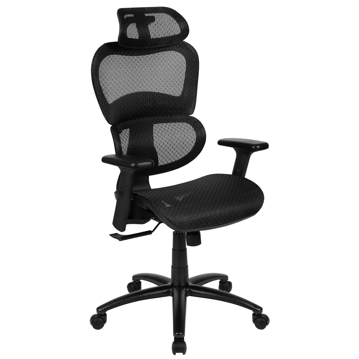 Black |#| Ergonomic Black Mesh Office Chair-Synchro-Tilt, Headrest, Adjustable Pivot Arms