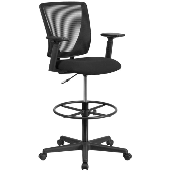 Mid-Back Mesh Drafting Chair w/ Black Fabric Seat, Adjustable Foot Ring and Arms