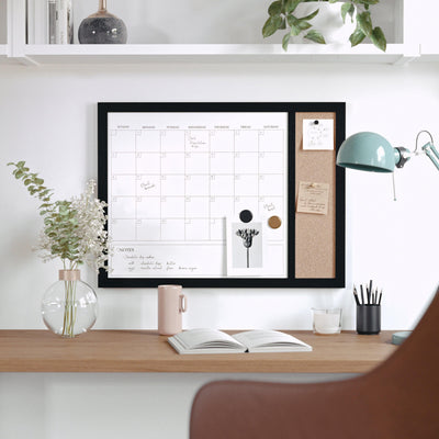 Everette Magnetic Dry Erase Monthly Calendar and Cork Board Combo with Included Marker, Magnets, and Push Pins, Woodgrain Frame - View 2