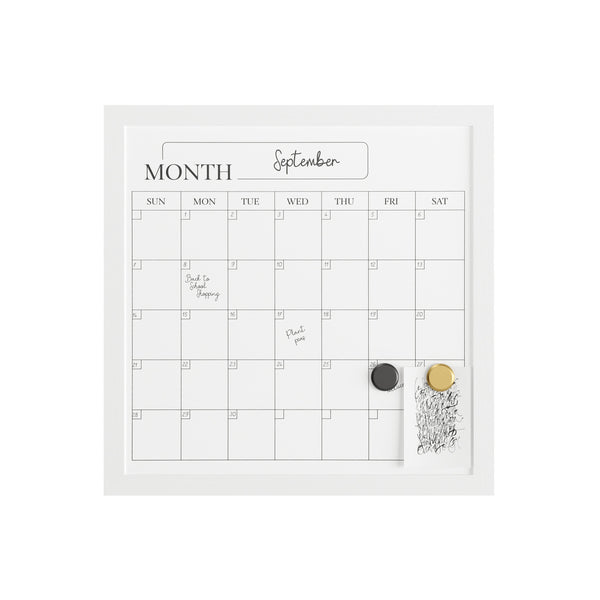 White Woodgrain |#| Dry Erase Magnetic Monthly Calendar and with White Woodgrain Frame - 18" x 18"