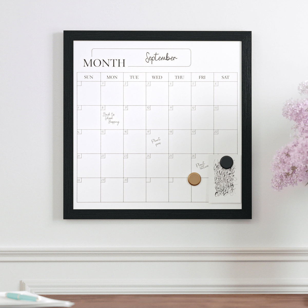Black Woodgrain |#| Dry Erase Magnetic Monthly Calendar and with Black Woodgrain Frame - 18" x 18"
