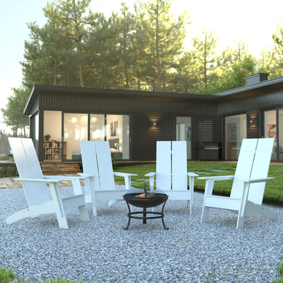 Finn Set of 4 Modern All-Weather 2-Slat Poly Resin Rocking Adirondack Chairs with 22" Round Wood Burning Fire Pit - View 2