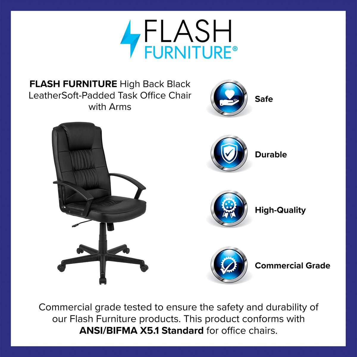 Flash Fundamentals High Back Black LeatherSoft Task Chair with Arms - Desk Chair