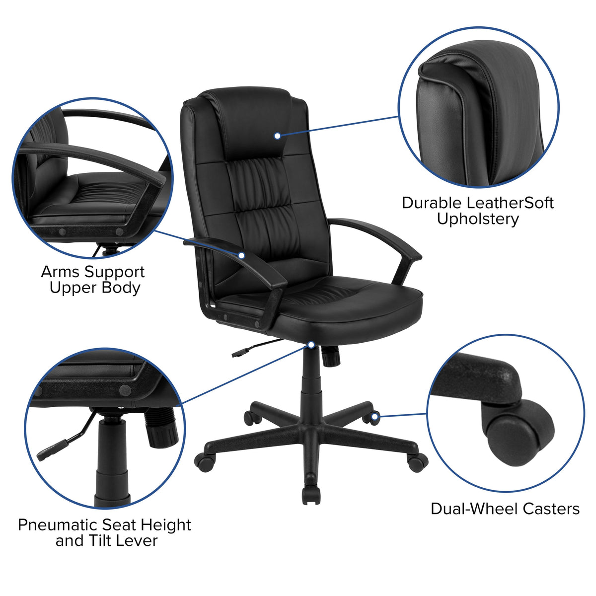 Flash Fundamentals High Back Black LeatherSoft Task Chair with Arms - Desk Chair