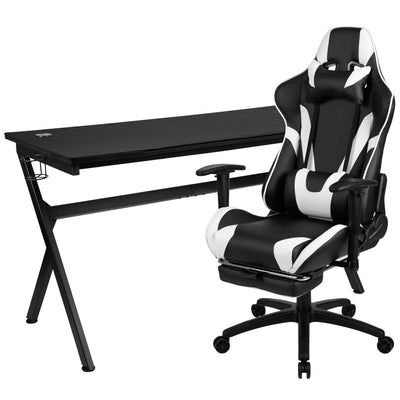 Gaming Desk and Footrest Reclining Gaming Chair Set - Cup Holder/Headphone Hook/Removable Mouse Pad Top/Wire Management