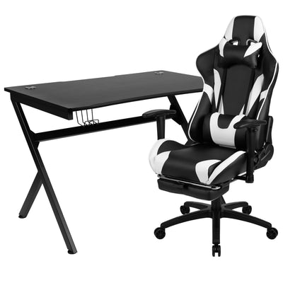 Gaming Desk and Footrest Reclining Gaming Chair Set with Cup Holder, Headphone Hook & 2 Wire Management Holes - View 1