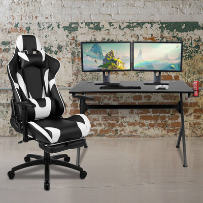 Gaming Desk and Footrest Reclining Gaming Chair Set with Cup Holder, Headphone Hook & 2 Wire Management Holes - View 2