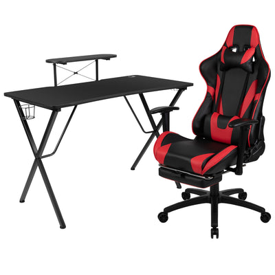 Gaming Desk and Footrest Reclining Gaming Chair Set with Cup Holder, Headphone Hook, and Monitor/Smartphone Stand - View 1