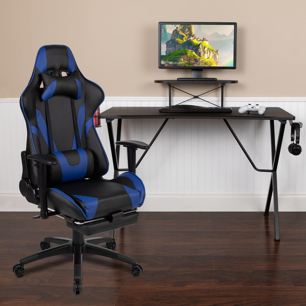 Blue |#| Gaming Bundle-Cup/Headphone Desk & Blue Reclining Footrest Chair