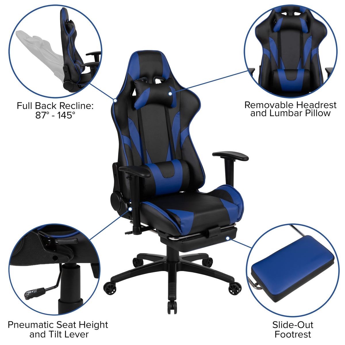 Blue |#| Gaming Bundle-Cup/Headphone Desk & Blue Reclining Footrest Chair