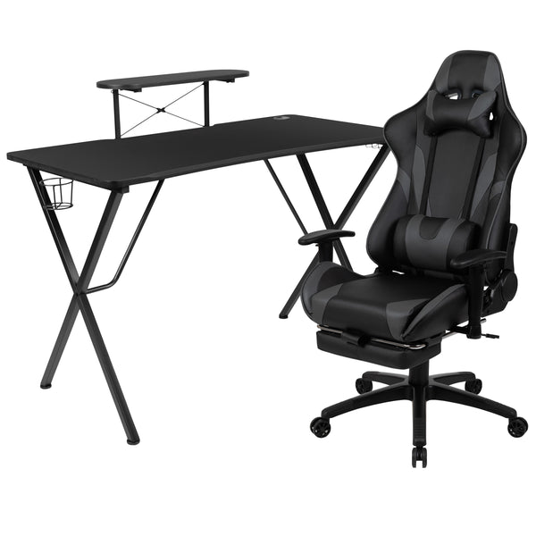 Gray |#| Gaming Bundle-Cup/Headphone Desk & Gray Reclining Footrest Chair