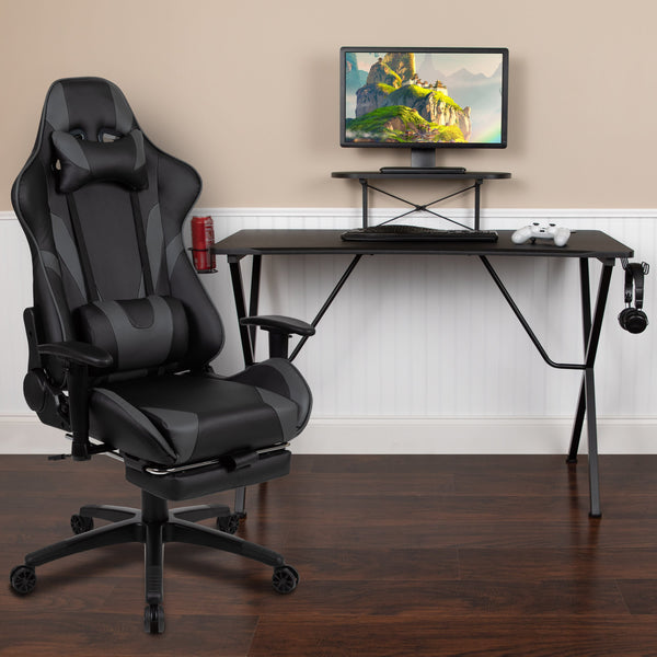 Gray |#| Gaming Bundle-Cup/Headphone Desk & Gray Reclining Footrest Chair