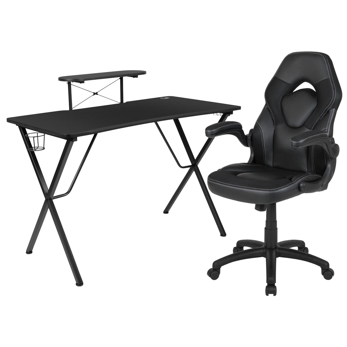 Black |#| Black Gaming Desk & Chair Set with Cup Holder, Headphone Hook, and Monitor Stand