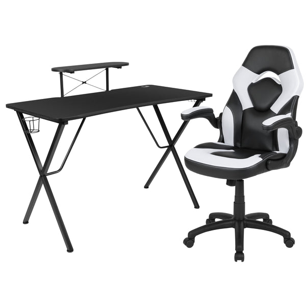 White |#| Black/White Gaming Desk Set with Cup Holder, Headphone Hook, and Monitor Stand